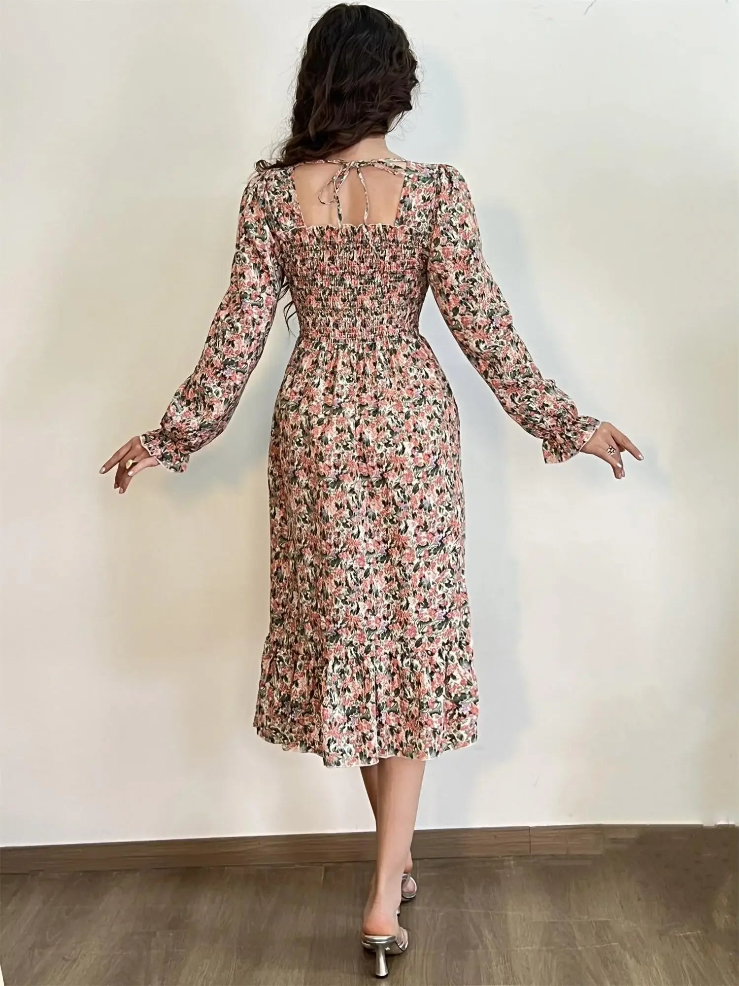 Long Sleeve Casual Dress Women Chiffon Dresses Autumn Spring A-line Printed Floral Elastic Chest Lace Up Midi Dresses Vestidos - Smarsty