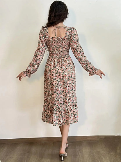 Long Sleeve Casual Dress Women Chiffon Dresses Autumn Spring A-line Printed Floral Elastic Chest Lace Up Midi Dresses Vestidos - Smarsty