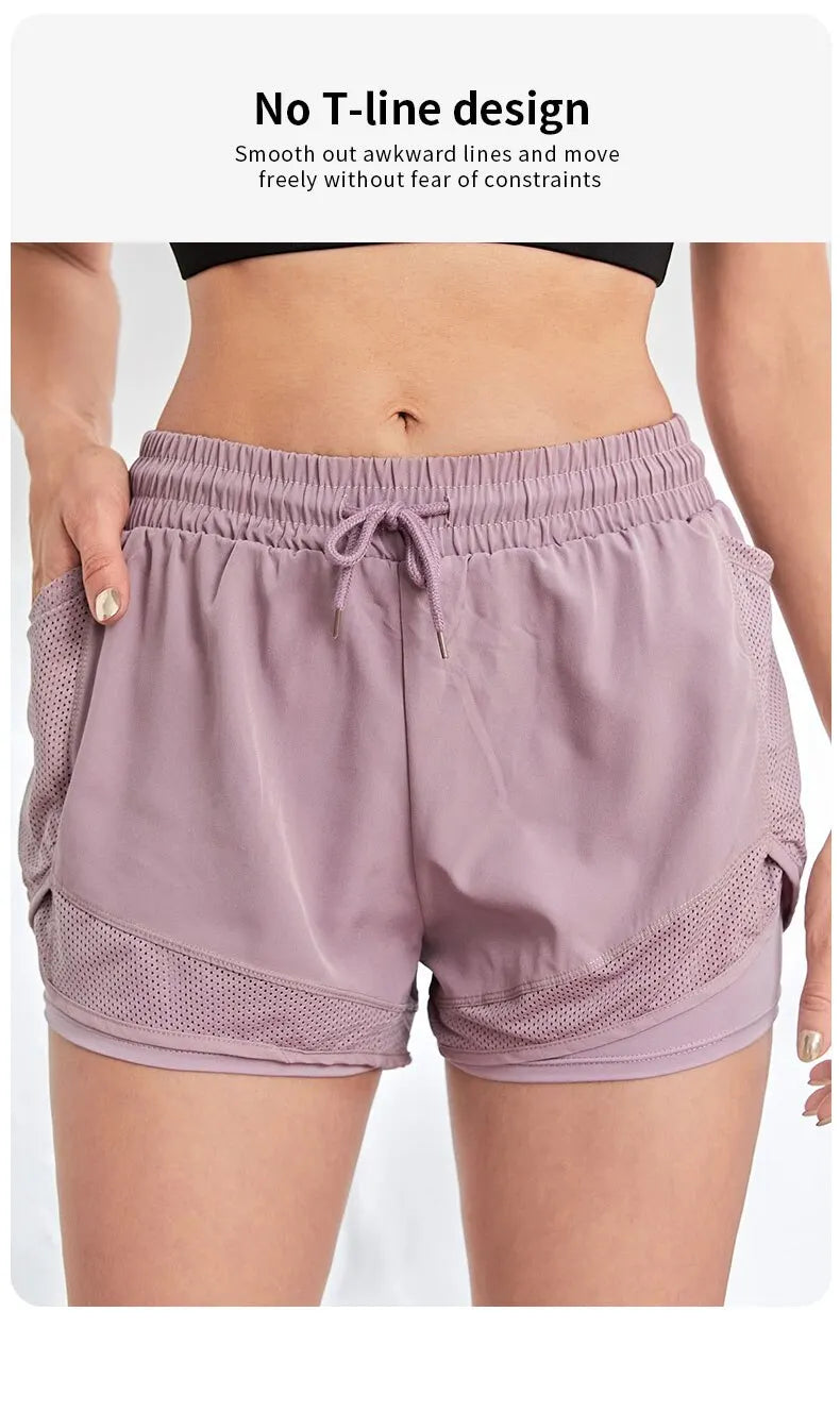 Women's Elastic Sports Shorts, Shorts With Pockets, Fake Two-Piece Yoga Leggings Running And Training - Smarsty