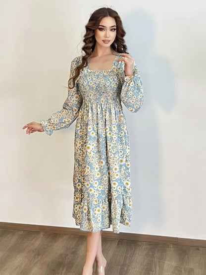 Long Sleeve Casual Dress Women Chiffon Dresses Autumn Spring A-line Printed Floral Elastic Chest Lace Up Midi Dresses Vestidos - Smarsty