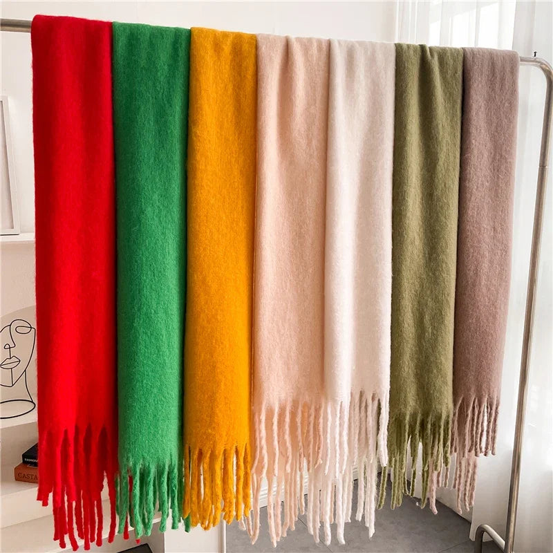 Winter Scarf for Women Cashmere Warm Solid Pashmina Blanket Wraps Female Thick Soft Bufanda Big Tassel Shawl Long Poncho Echarpe - Smarsty