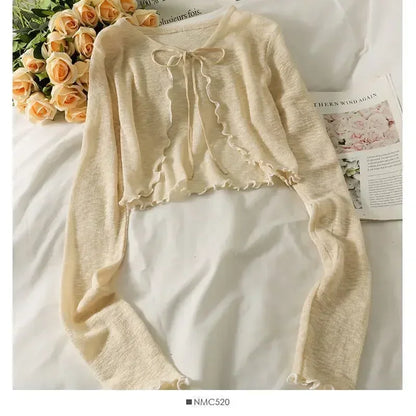 Women Frenum Cardigan Blouses and Tops Bow Lace Up Long Sleeve Crop Top Female Elegant Shirt Thin Aesthetic Clothes Korean Style - Smarsty