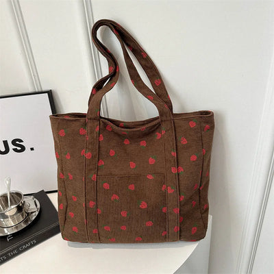 Corduroy Handbag Strawberries Beach Tote Large Capacity - Smarsty