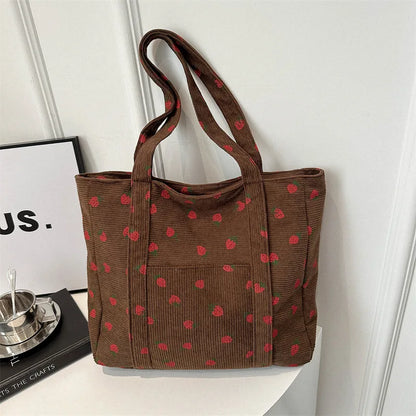Corduroy Handbag Strawberries Beach Tote Large Capacity - Smarsty