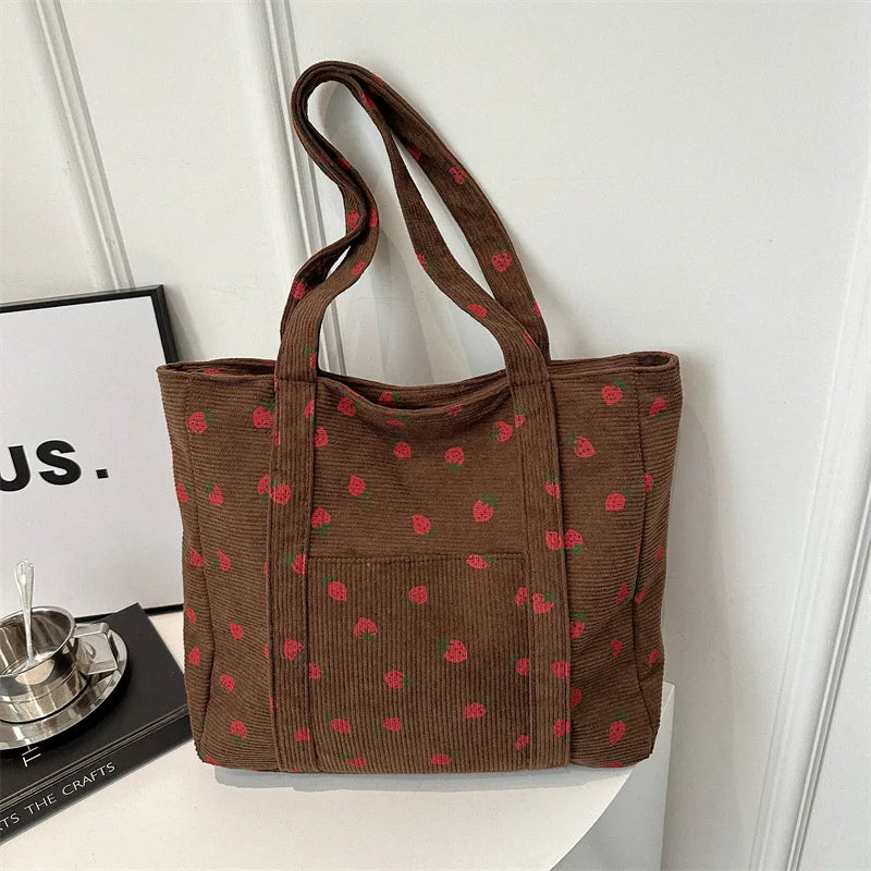 Corduroy Handbag Strawberries Beach Tote Large Capacity - Smarsty