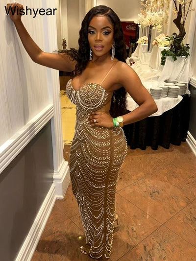 New Luxury Sparkly Crystal Rhinestone Pearl Celebrities Gown Brown Dress Woman Strap Evening Party Birthday Prom Wedding Vestido - Smarsty