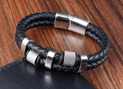 Men's Leather Charm Bracelet Stainless Steel Magnetic Clasp - Smarsty