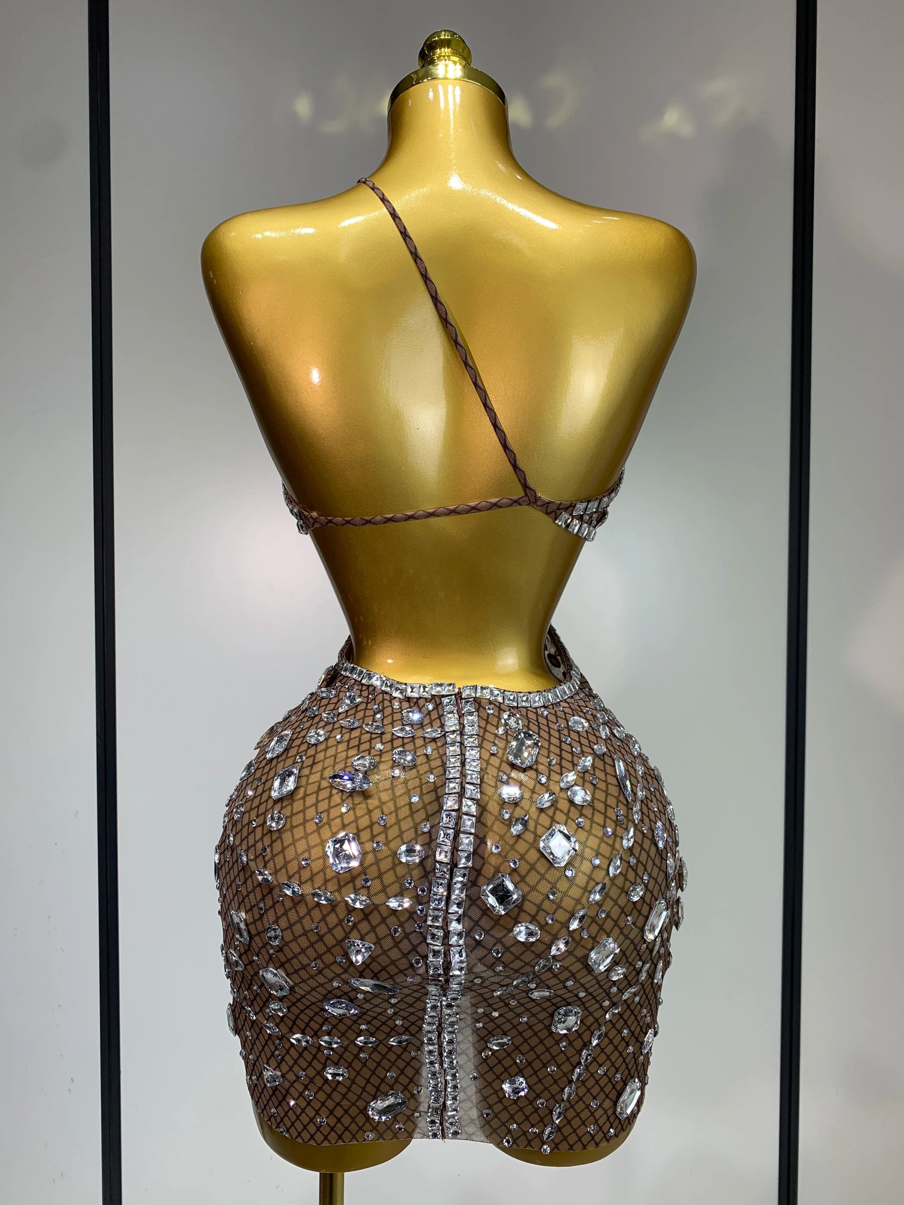 Sexy Sparkly Diamond Backless Short Dress 2025 Women Sleeveless Mesh See Through Evening Birthday Gown Singer Stage Outfit - Smarsty