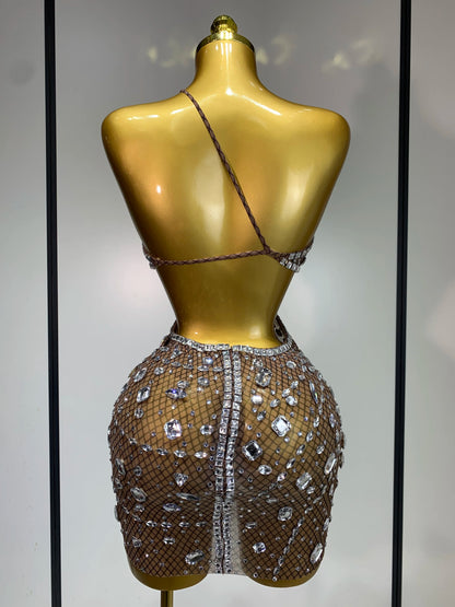 Sexy Sparkly Diamond Backless Short Dress 2025 Women Sleeveless Mesh See Through Evening Birthday Gown Singer Stage Outfit - Smarsty