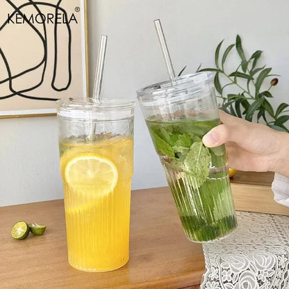 600ML Eco-Friendly Stripe Glass Cup with Lid and Straw - Smarsty
