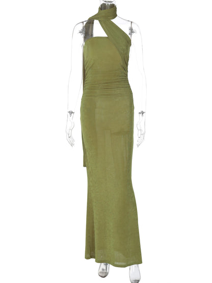 Hugcitar Halter Solid Sleeveless Backless Ruched Sexy Bodycon Maxi Prom Dress Summer Women Elegant Outfit Evening Party Birthday