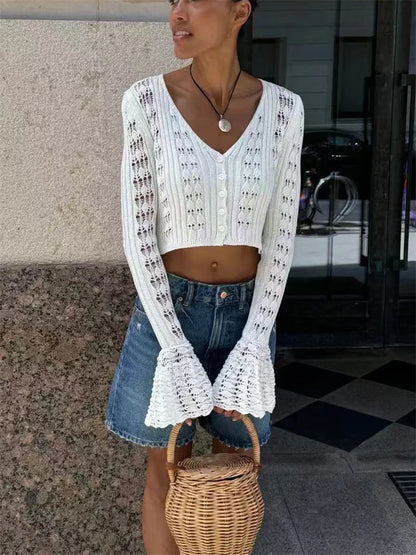 Tossy Knitwear Hollow Out Sweater Cardigan Women V-Neck Long Sleeve See-Through Cropped Top Summer Knit Patchwork Cardigan Top - Smarsty