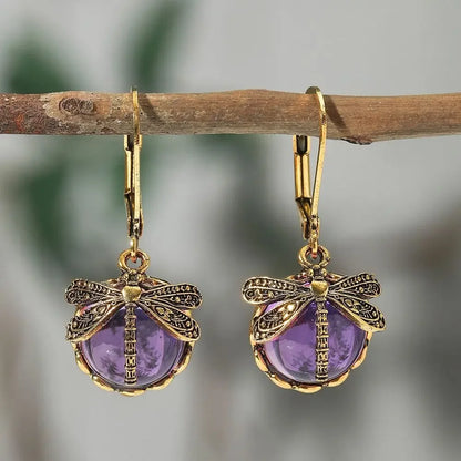 Vintage Dragonfly Drop Earrings with Moonstone Inlaid Design - Smarsty