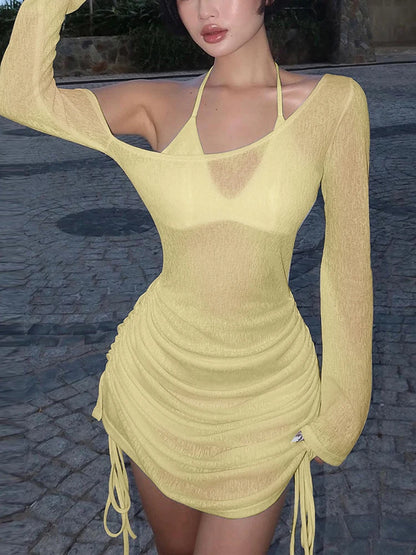 Dulzura Solid Skew Collar Ruched Straps Lace-Up See Through Draw String Mini Dress 2023 Summer  Women Party Clubwear Wholesale - Smarsty