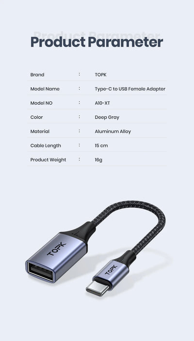 TOPK USB C to USB A Dapter OTG Cable Type C Male to USB 3.0 2.0 Female Cable for MacBook Pro Samsung Type C Adapter - Smarsty