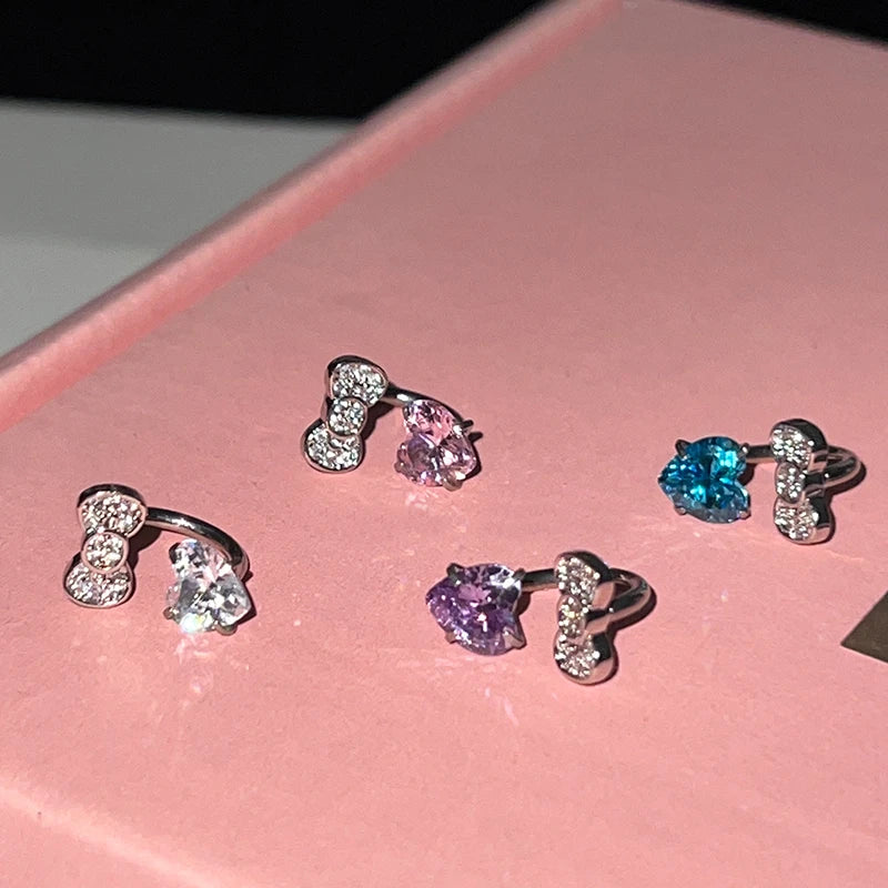 Stainless Steel Heart Bowknot Zircon Stud Earrings Cute - Smarsty