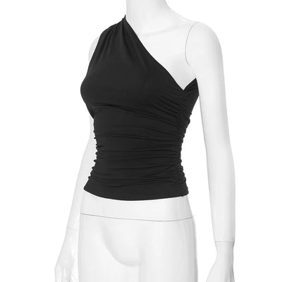 Solid Color One Shoulder Backless Shrink Tank Top T-Shirt Candy Color Tight Sexy Sleeveless Neckless Slim Casaul Top - Smarsty