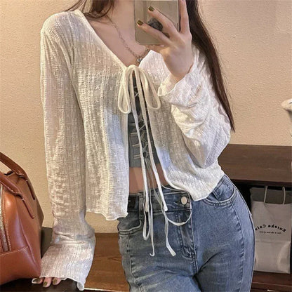 White Tie Up Summer Cardigan Women Sexy Long Sleeve Sheer Mesh Crop Tops Woman Chic All Match Short Printed T Shirt Mujer - Smarsty