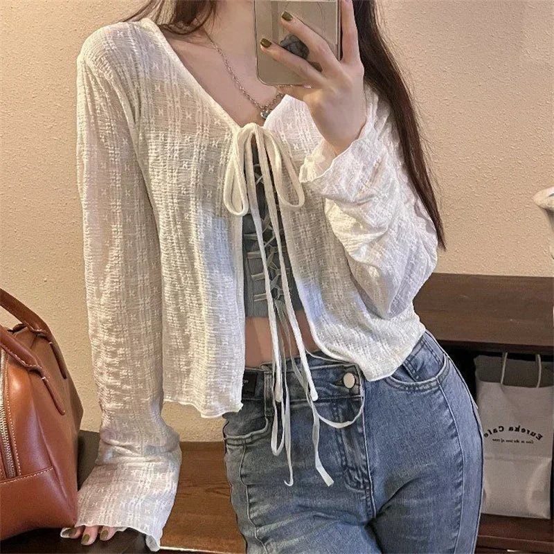 White Tie Up Summer Cardigan Women Sexy Long Sleeve Sheer Mesh Crop Tops Woman Chic All Match Short Printed T Shirt Mujer - Smarsty