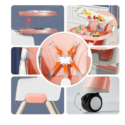 Foldable Baby High Chair 4-in-1 Foldable Reclining Feeding Table Chair Seat 7 Heights With Toyrack Easy To Clean Feeding