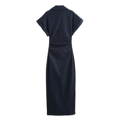2025 traf Spring New 1975 series denim MIDI dress with lapel side zipper fashion wrinkle waist slim elegant dress - Smarsty