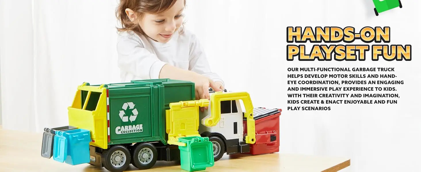 JOYFY Large Friction Powered Garbage Truck Toy Set With Includes Dumpster Trash Bins for Boys Toys Birthday Christmas Gift
