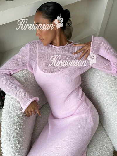 Hirsionsan Spring Autumn O-Neck Elastic Knit Long Dresses Women 2024 Elegant Chic Soft Lady Hollowing Sweater Dresses Femme New - Smarsty