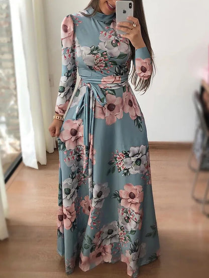 Women's Slim Dresses Casual Long Sleeve Round Neck Flower Printed Dress Strap Floor-Length Long Skirt Women's Clothing - Smarsty