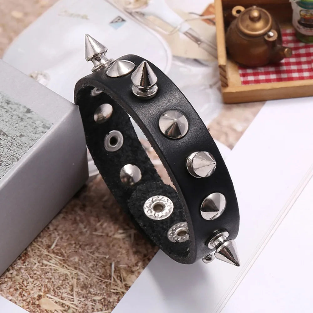 Black Goth Leather Bracelets Set with Rivet Spikes - Smarsty