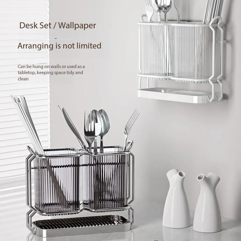 Luxury Wall-Mounted Chopsticks Holder - No Drill Utensil Organizer for Kitchen, Multi-Function Spoon & Fork Rack with Drain Hole