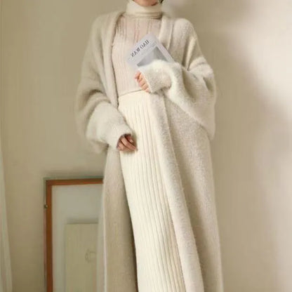 white Long Cardigan for women 2025 new winter clothes Knitted fluffy long sleeve Cashmere sweater coat korean style warm vintage - Smarsty