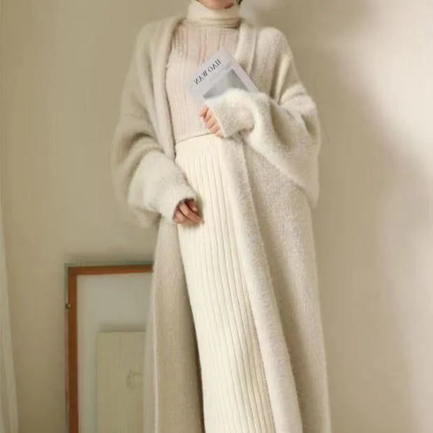 white Long Cardigan for women 2025 new winter clothes Knitted fluffy long sleeve Cashmere sweater coat korean style warm vintage - Smarsty