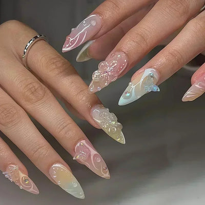 24Pcs Pink Almond False Nails with French Design - Smarsty