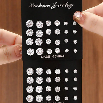 12 Pairs Zirconia Stud Earrings Gift Set Luxurious Shiny - Smarsty