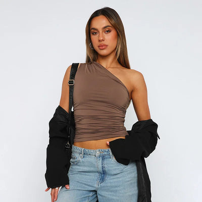 Solid Color One Shoulder Backless Shrink Tank Top T-Shirt Candy Color Tight Sexy Sleeveless Neckless Slim Casaul Top - Smarsty