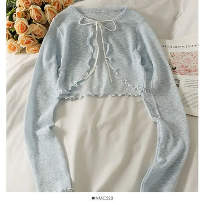 Women Frenum Cardigan Blouses and Tops Bow Lace Up Long Sleeve Crop Top Female Elegant Shirt Thin Aesthetic Clothes Korean Style - Smarsty