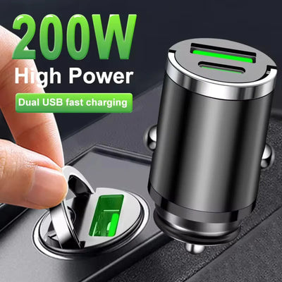200W mini car charger fast charging for iPhone QC3.0 mini PD USB Type C car mobile phone charger for Xiaomi Samsung Huawei - Smarsty