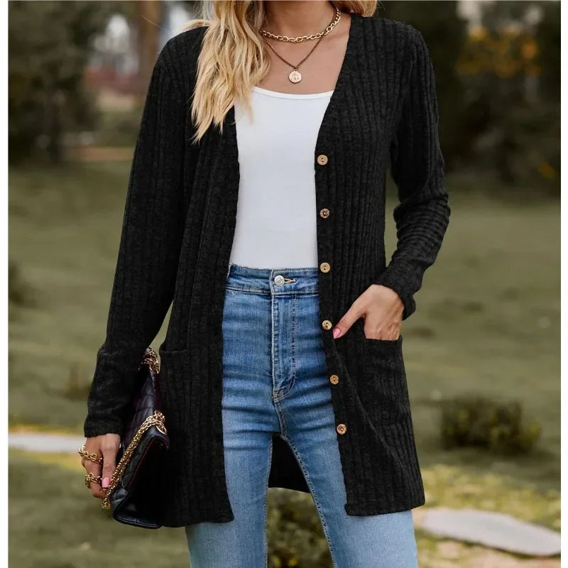Autumn New Women's Milled Pit Stripe V-Neck Solid Colour Button Long Sleeve Ladies Casual Extensions Cardigan Jacket Coat - Smarsty