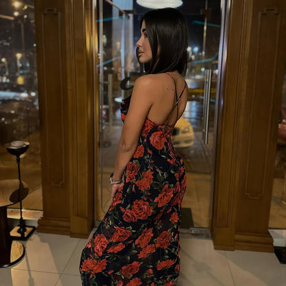 Flowers Print Spaghetti Strap Dresses Women Temperament Package Hip Bodycon Long Dress Fashion Sexy Backless Lady Slim Vestidos