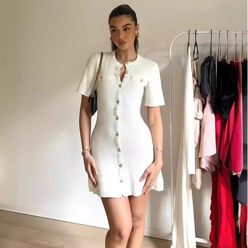 White Elegant Knitted Mini Dress For Women Metal Button Sexy Slim Rib Sweater Dress Holiday Party Outfits Autumn 2024 New - Smarsty