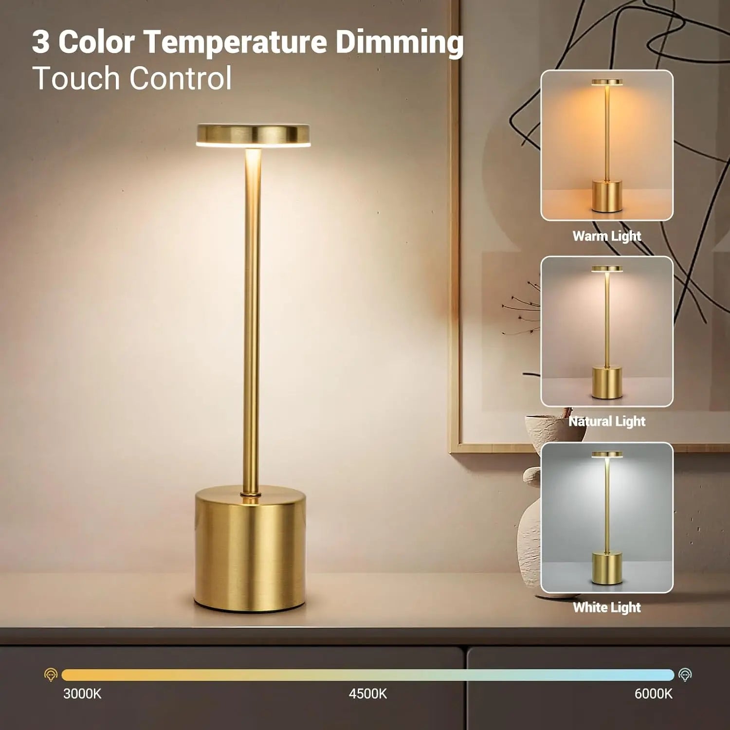 Rechargeable LED Touch Metal Table Lamp with Three Colors - Smarsty