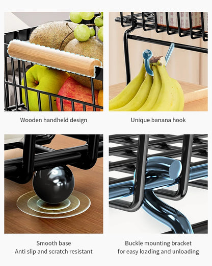 fruit basket vegetable basket,Metal storage basket with hook and wooden handle,Stackable and removable kitchen storage rack