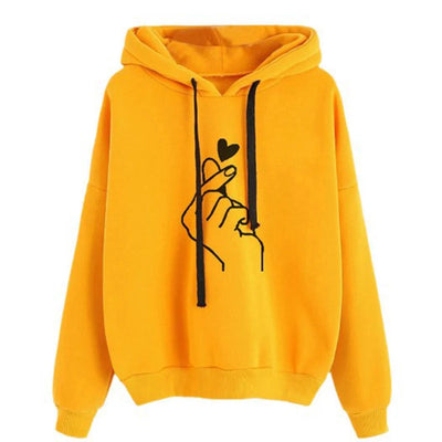 Autumn Fleece Hoodie Solid Color Finger Heart Hooded Korean Fashion Sweatshirts Long Sleeve Top Drawstring Pockets Loose Hoodies - Smarsty