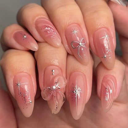 24 Piece Pink Almond Fake Nail Set With Bowknot Design - Smarsty