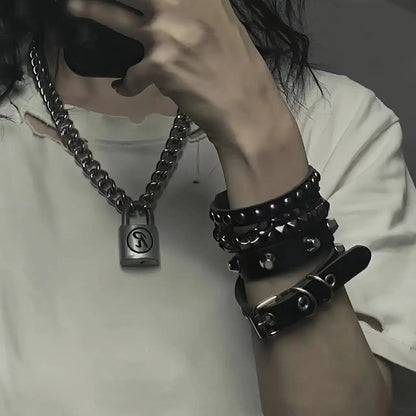 Black Goth Leather Bracelets Set with Spike Rivets - Smarsty