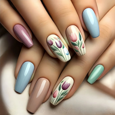 24 Piece Set Medium Long Press On Nails with Peach Flower Design - Smarsty