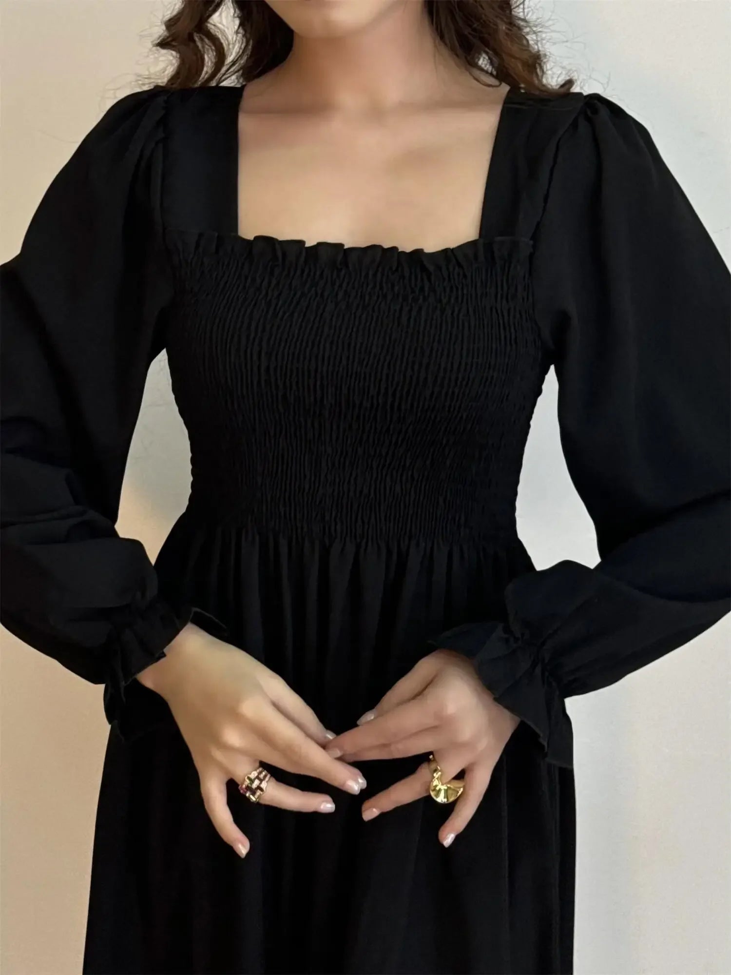 Long Sleeve Casual Dress Women Chiffon Dresses Autumn Spring A-line Printed Floral Elastic Chest Lace Up Midi Dresses Vestidos - Smarsty