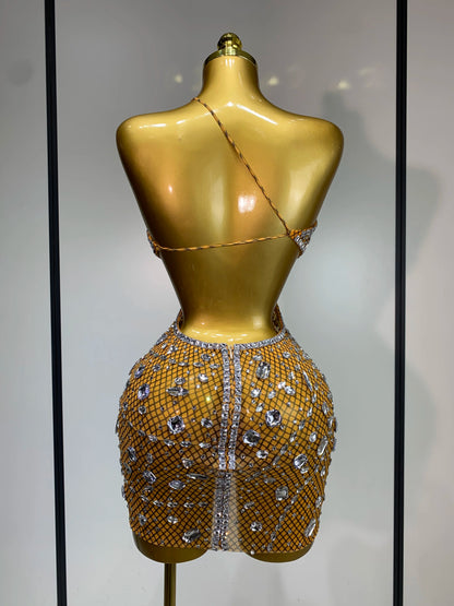 Sexy Sparkly Diamond Backless Short Dress 2025 Women Sleeveless Mesh See Through Evening Birthday Gown Singer Stage Outfit - Smarsty