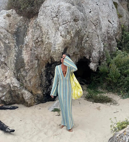 Crochet Colorful Stripe Maxi Dress Women Flare Sleeve V-neck High Split Sexy Long Dresses 2025 New Autumn Beach Banquet Vestidos - Smarsty