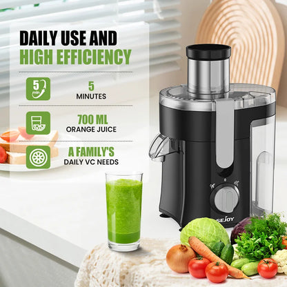 Sejoy Compact Fruits Juicer,Juice Extractor Machine Multiple Safety Features Operation Centrifugal Extractor Speed Adjustable